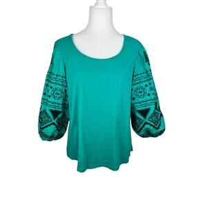 Chico's Embellished Puff Embroidered Sleeve Popover Blouse Large